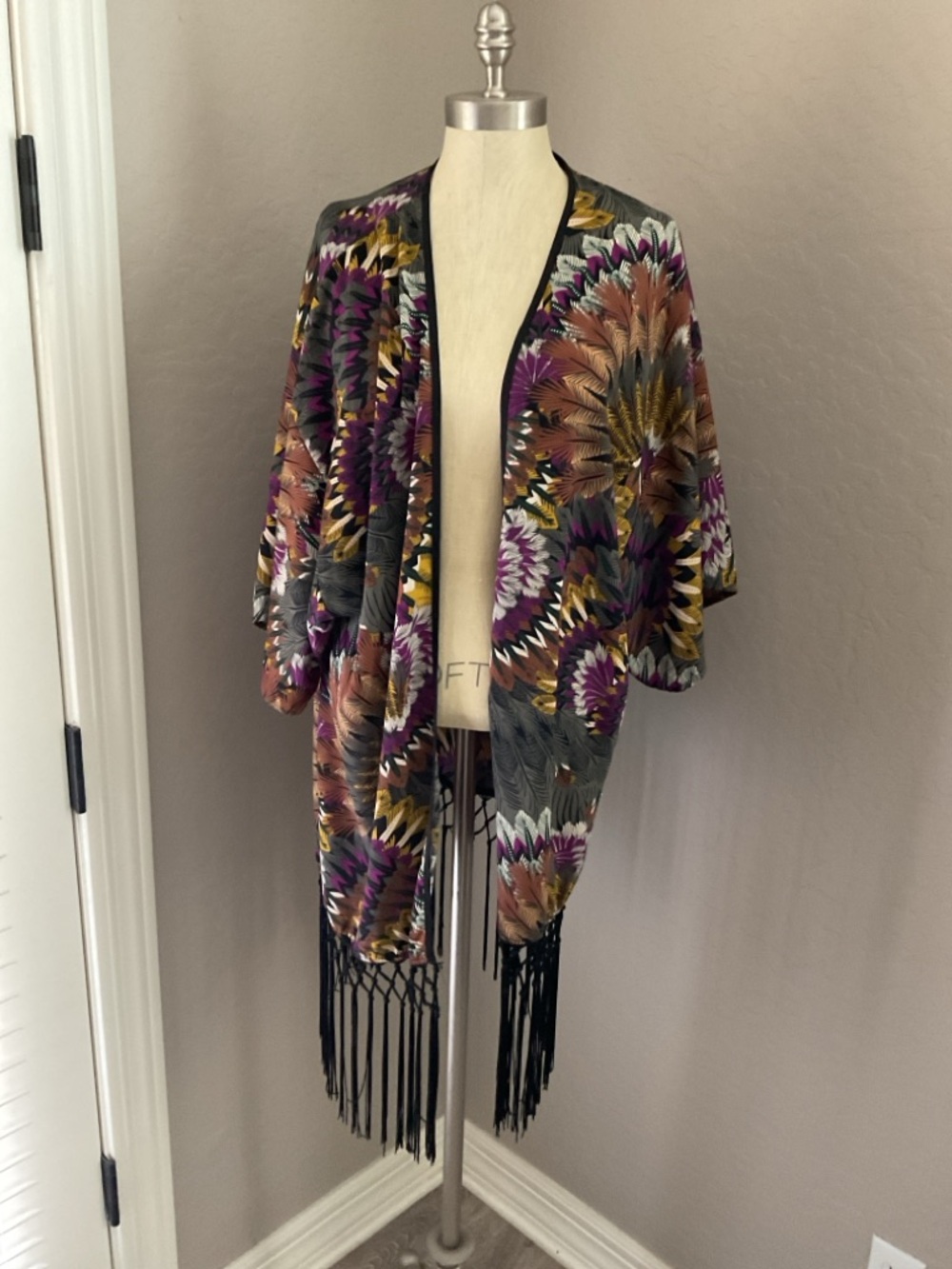 Tyche Boho Fringe Kimono in Purple, Mustard & Brown Sz Large